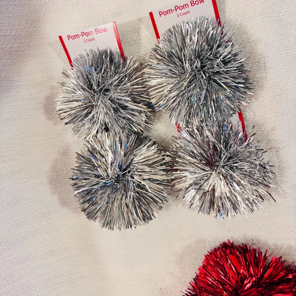 4 Silver Metallic Pom Pom Bows for Party Gift Wrap